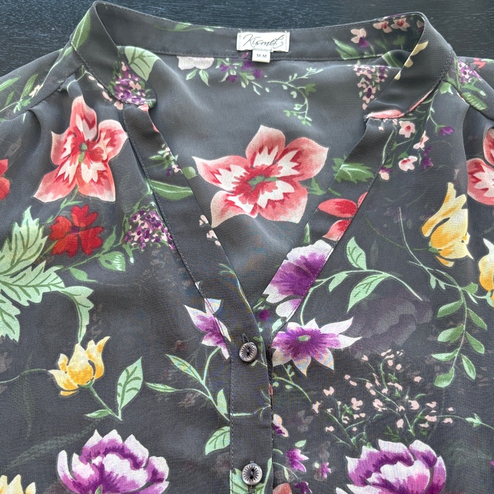 Kismet Dark Floral Sheer Button-Down Blouse - Size M - Picture 10 of 12